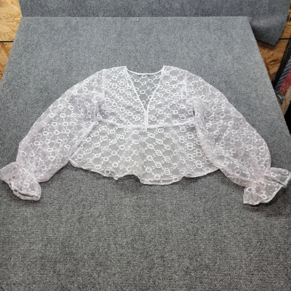 Zara Lavender Floral Lace Sheer V-Neck Peplum Blouse Balloon Sleeve Small